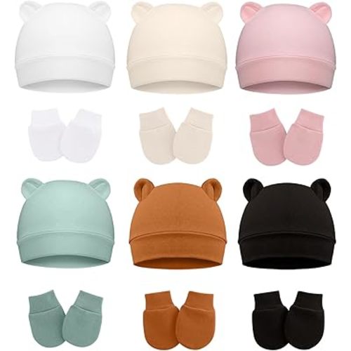 Cotton Baby Hats and Mittens Set Unisex, Toddler No Scratch Mittens and Beanie Cap Infant Newborn Hospital Hat