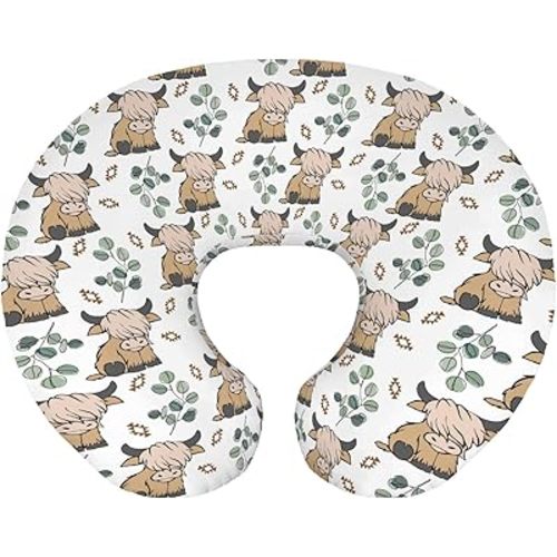 Baby Boy Girl Nursing Pillow Cover Boho Highland Cow Eucalyptus Leaf, Wild Western Farm Animal Breastfeeding Pillowcase, Bottle Feeding Pillow Slipcover Cover Only