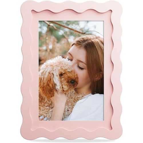 5x7 Picture Frame with Mat for 4x6, Wavy Edge Wooden Real Glass Photo Frame for Tabletop and Wall Hanging, Pink, 1 Pack