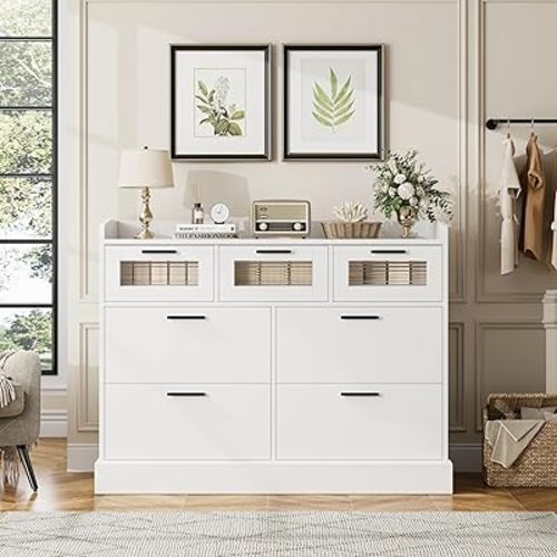 HOSTACK Modern 7 Drawer Dresser for Bedroom, White Chest of Drawers with Metal Handles, Wide Wooden Dresser with Deep Drawers, Wood Storage Cabinet with Fluted Glass & Anti-Drop Fence, White