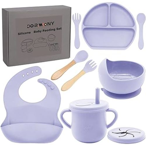 100% Silicone Baby Feeding Set,BPA Free Baby Dishes Set with Suction Bowl Divided Plate,Toddler Self Feeding Dish Set with Spoons Forks Sippy Cup and Bib, Baby Eating Utensils(Purple)