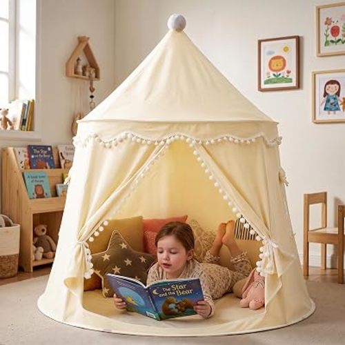Play Tent, Large Playhouse Kids Castle Play Tents with Carry Bag, Indoor Outdoor Game Tent, Portable Children Yurt Tents, Birthday Gift for Boys & Girls, 47''x45'', Cream