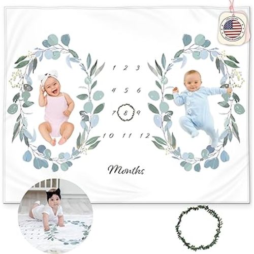 Twins Baby Monthly Milestone Blanket – Soft Fleece Baby Month Blanket – Eucalyptus Leaves Design – Gender Neutral for Twin Boys or Girls, Baby Shower Nursery Decor, Twin Baby Essentials, 50x40