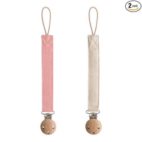 mushie Linen Baby Pacifier Clip Holder | Soft Fabric Strap, 2-Pack (Dusty Rose/Shifting Sand)