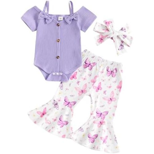 Fernvia Infant Baby Girl Clothes Suspenders Short Sleeve Ribbed Romper Flared Pants Set Headband 3pcs Summer Outfit