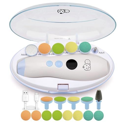 Rechargeable 22 in 1 Baby Nail Trimmer, Usage Labeled Case, 13 Extra Replacement Tools, Royal Angels Electric Nail File with LCD display, Newborn Toddler Nail Care Clipper Kit (Rechargeable,WhiteBlue)