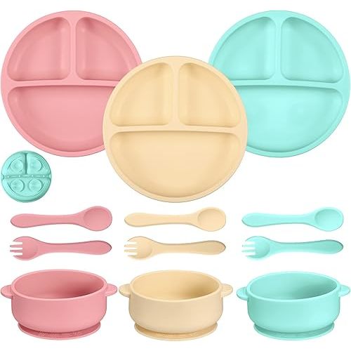 9 Pcs Silicone Baby Toddler Suction Plates Baby Bowls with Suction Toddler Bowls Set Kids Utensils Divided Plate Baby Boy Girl Feeding Set with Spoon Fork Dishwasher and Microwave Safe (Light Colors)