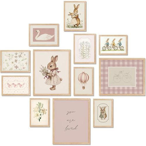 TwoDays Vintage Nursery Decor for Baby Girls, Pink Rabbit Bunny Wall Art for Toddler Kids Playroom, Swan Animals Posters for Bedroom (Multi Sizes, Set of 12, 8 × 10 Largest, UNFRAMED)