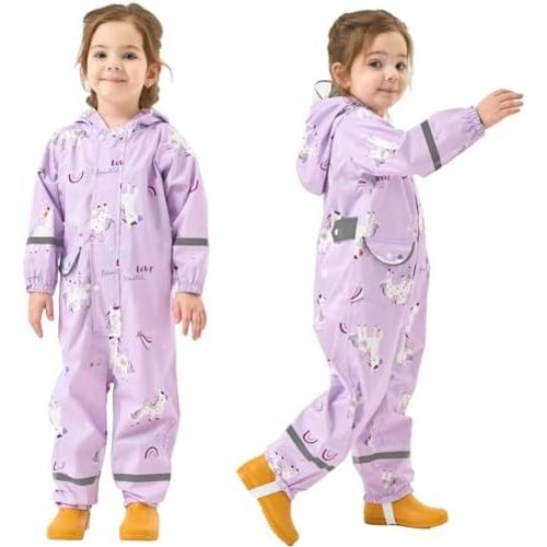 Fewlby Kids Rain Suit Toddler Girls Raincoats One Piece Hoodie Cartoon Rain Gear Coverall Waterproof Rainwear
