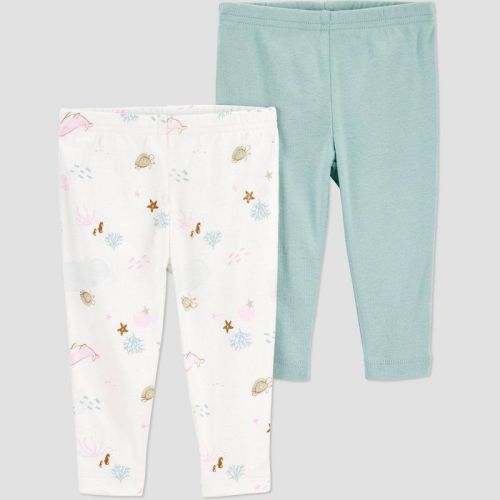 Carter's Just One You®️ Baby Girls' 2pk Pants - Green/white 3m: Cotton, Slim Fit, Fish & Seashell Pattern