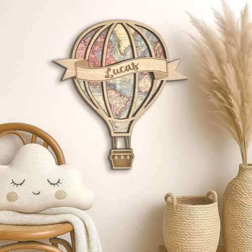 Personalized baby sign. Vintage hot air balloon wall decor. Custom Name Nursery wall art. Boho Kids Room Plaque. Travel Baby shower gift