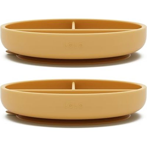 Lalo Suction Plates - 2 Pack, 100% Silicone Non-Toxic BPA-Free Baby Plates with Suction Base To Prevent Accidental Tip-Overs - Suction Plates for Toddlers With Three Divided Sections - Honey