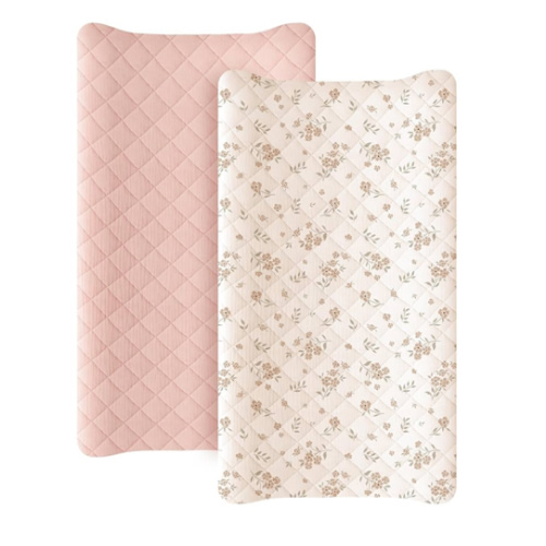 Konssy Waterproof Muslin Changing Pad Cover 2 Pack, Quilted Cotton Fitted Diaper Chang Table Cover, Soft Changing Pad Sheets for Girls Boys (Blossom,Pink)