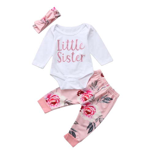 Qtinghua Little Sister Newborn Baby Girls Flower Romper Tops+Long Pants+Headband Autumn Winter Outfits White 6-12 Months