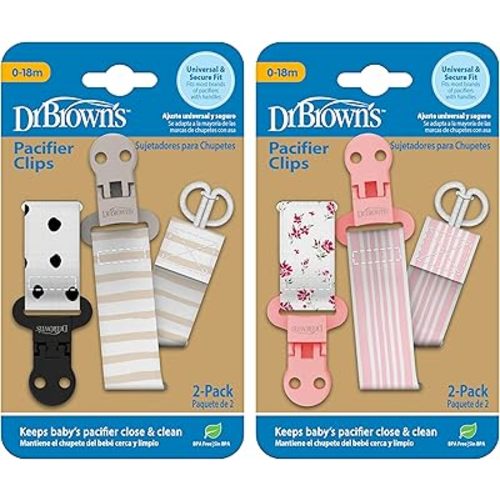 Dr. Brown's Pacifier Clips, Universal Fit Fabric Strap for Pacifiers, Dots and Stripes + Flowers and Stripes, BPA-Free, 0-18 Months, 4-Pack