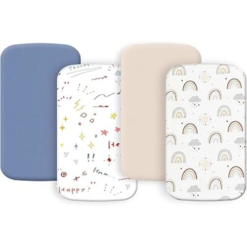 4 Pack Bassinet Sheets 19" x 33", Compatible with Angelbliss, Papablic, Newton, YADAQE and Pamobabe Baby Bassinet, Soft and Skin-Friendly, Blue and Color Rainbow