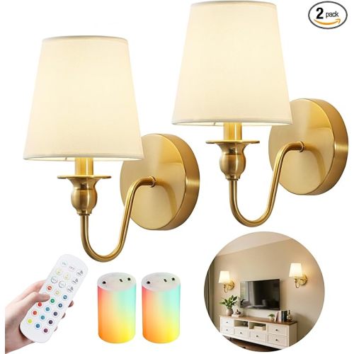 Battery Operated Wall Sconces set of Two,Wireless Wall Sconces with 10000mAh Dimmable Bulb and Remote,LED 15 Colors Rechargeable Gold Wall Sconce with Fabric for Bedroom Living Room Hallway Wall Decor