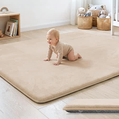 PAPAMAT 1.3" Thick Baby Floor Play Mat 50x74, Basic Padded Foam Mat for Tummy Time Crawling, Non Slip Cushioned for Babies Toddlers Infants Kids (Beige)