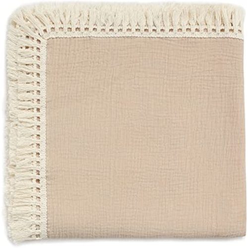 insular Cotton Muslin Baby Blanket with Tassel, Boho Bohemian Muslin Swaddle Blanket Baby Receiving Blanket with Fringe, Nursery Decor Throw or Nursing Blankets, 47" x40”, Khaki