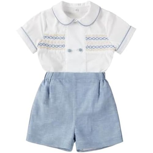 Twoflower Smocked toddler boy outfits Summer Cotton Short Sleeve boys' button-down shirts Casual 2 piece Clothing Set