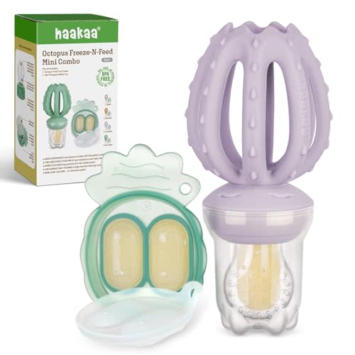 Haakaa Octopus Baby Fruit Food Feeder & Mini Freezer Nibble Tray Combo, Breastmilk Popsicle Molds for Cooling Relief, BPA Free Silicone Feeder for Safe Infant Self Feeding, 4 Month+ (Lavender)