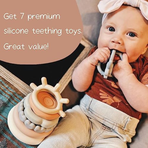 Moonkie Stacks of Circles Soft Teething Toy | Educational Learning Baby Toy | Stacking Ring Toys for Babies Boy and Girl | 7 Piece Teethers Set