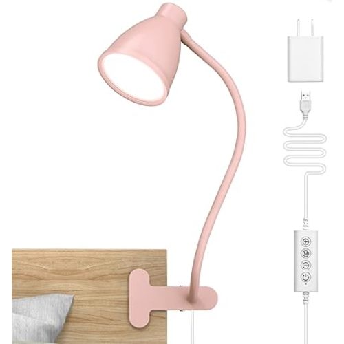 BOHON Cute Desk Lamp with Clamp 10W 38 LED Clip on Light, 5 Color 10 Brightness Auto Off Timer Flexible Gooseneck Pink Lamp Kawaii Accessories Desk Lights for Office Home Bed Bedside Reading, Pink