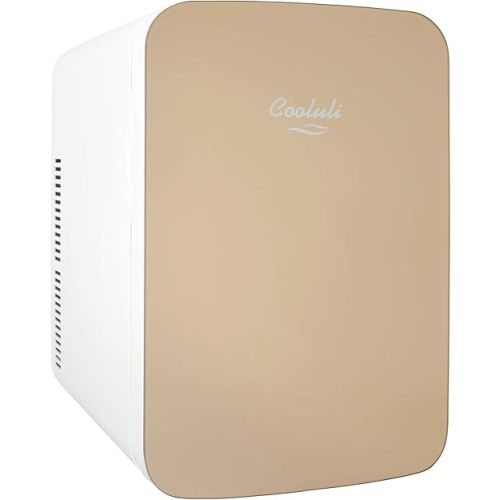Cooluli 15L Mini Fridge for Bedroom - Car, Office Desk & College Dorm Room - 12v Portable Cooler & Warmer for Food, Drinks, Skincare, Beauty & Makeup - AC/DC Small Refrigerator with Glass Front, Gold