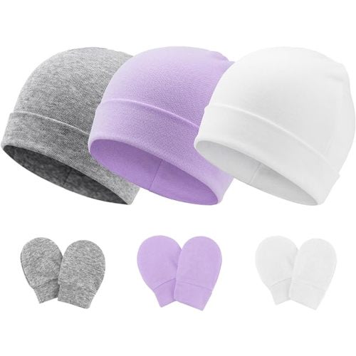 3 Pcs Newborn Baby Hats and Mittens Infant Cotton Beanie Gloves Set Newborn Hospital Hat for Baby Girls 0-6 Months - One Size - 3 Sets: White/Grey/Light Purple