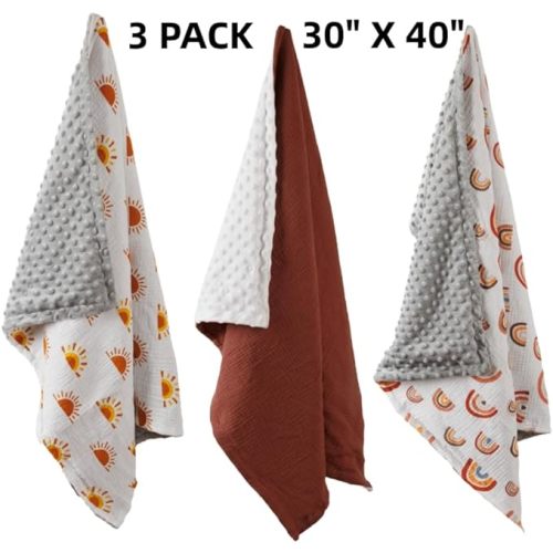 3 Pack Soft Boho Baby Gender Neutral Blankets for Newborn Baby Girls or Boys Unisex Nursery Toddler Baby Throw Blanket Double Layer Blankets with Dotted Backing Sun Rainbow Printed (Boho)