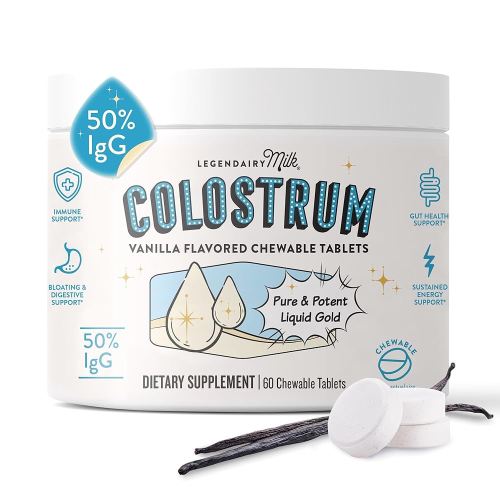 Legendairy Milk Bovine Colostrum Chewable Tablets - Daily Gut Health & Immune Support - Hair, Skin & Nails - 50% IgG Concentration - Colostrum Supplement for Women, Men, & Kids - 60ct, Vanilla Flavor