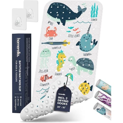 Bath Tub Mat Non Slip Anti Mold for Kids BPA Free INCL Hooks - homerella® Ocean Sea Animals 28x16, Baby Bath Mat Non Slip 200 Suction Cups, Non Toxic Machine Washable Toddler Bath Mat, EU Certified