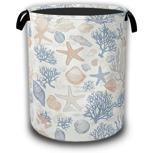 Seashells Starfish Laundry Basket,Waterproof Foldable Laundry Hamper,Dirty Clothes Basket, Linen Bin Storage Organizer Collection 16" x 20.8"