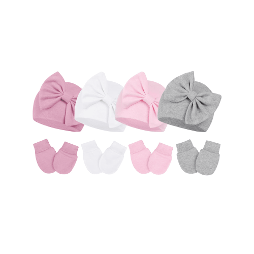 Zando 4Pcs Newborn Caps Mittens Sets Soft Infant Baby Hats with Big Bow Nursery Beanie Hats Mittens for 0-3 Months