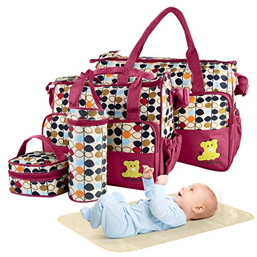Moclever 5PCS Baby Diaper Bag Set – Large Capacity Diaper Tote Bags for Mom & Dad with Bottle Holder, Food Bag & Changing Pad – Waterproof Maternity Travel Bags for Baby Boy & Girl (Red)