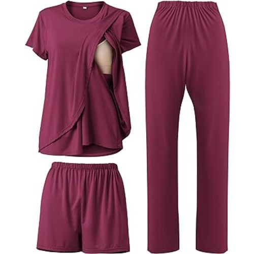 Rnxrbb 3 Piece Postpartum Nursing Pajamas Set Double Layer Maternity Breastfeeding Pjs Sleepwear Lounge Casual Soft