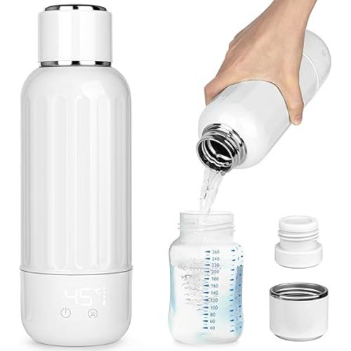 Portable Bottle Warmer for Travel, 17 oz Capacity Baby Milk Warmer, 3 Min Fast Heating Cordless breastmilk Bottle Warmer Leak-Proof for Baby Outdoor, Airplane, and Car Travel BottleWarmer.(White)