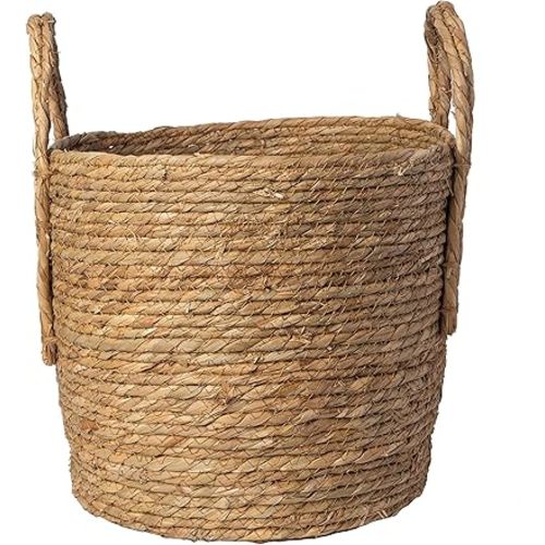 Storage Basket (Small, Round, Natural Rope, Seagrass) - Handcrafted Decorative Planter for Indoor Use - Versatile Wicker Bin for Blankets, Clothes, Home Supplies, Great Gift