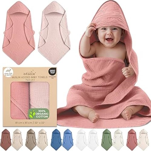 Rose/Peach 100% Organic Cotton Muslin Baby Hooded Towels 32x32 Inch – 2 Pack Soft & Absorbent Baby Towels for Newborn for Boys & Girls, Premium Hooded Towels, Ultra-Gentle Baby Essentials