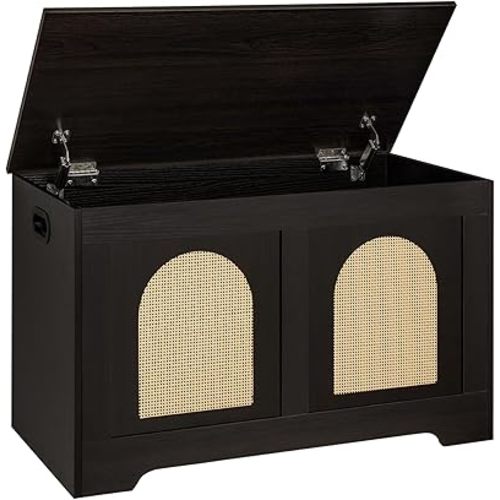 DINZI LVJ Storage Chest, 31.5" Rattan-Like Toy Box with 2 Safety Hinges, Wooden Entryway Storage Bench with Flip-Top, Storage Trunk for Living Room, Bedroom, Easy Assembly, Espresso and Natural