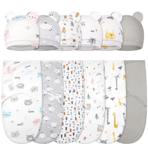 Ramede 6 Pack Baby Swaddle Blanket with Hats Sleep Swaddle for 0-3 Months Newborn Sacks Soft Cotton Wearable for Boy Girl