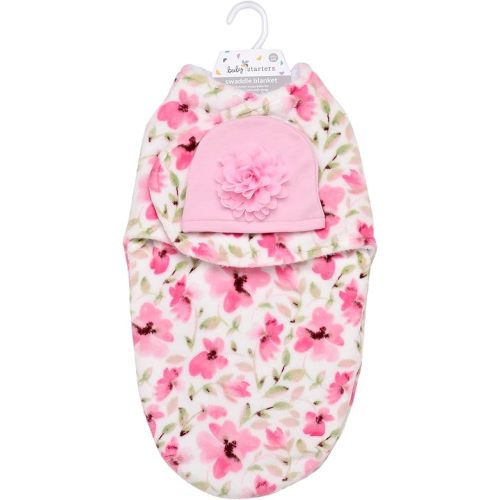 Ultra Soft 2 Ply Plush Swaddle Blanket with Novelty Hat for Baby, 2 Piece Set, Pink Floral Print, 0-3M
