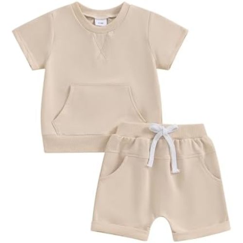Ledy Champswiin Baby Boy Girl Summer Outfits Toddler Solid Color Clothes Pocket Shorts and Top Set