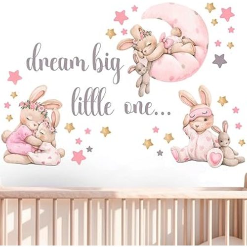 Pink Bunny Nursery Wall Decals-Baby Girl Room Rabbit Wall Decor, Animal Stickers for Kids Playroom, Toddler Bedroom and Nursery Decoration, Removable Vinyl Decals, Peel and Stick Easy to Apply.