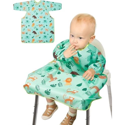 Lictin Coverall Baby Feeding Bib - Attaches and Fully Cover to Baby Highchair, Waterproof Weaning Bib Adjustable for Baby Toddler Infant, Machine Washable, Green