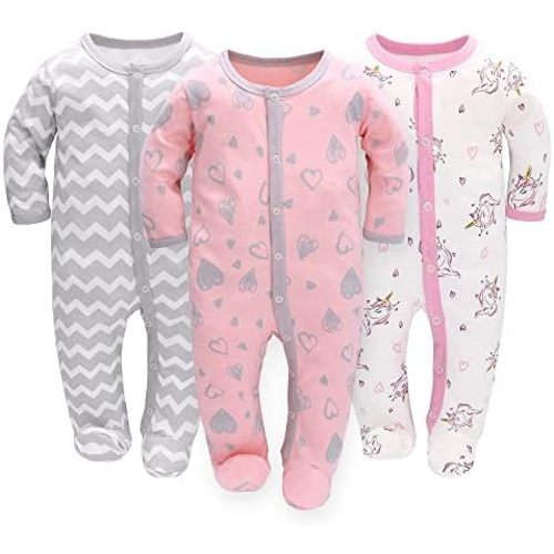 LAT 3 Pcs Infant Girls Boys Footie Onesies Sleeper Newborn Cotton Sleepwear Outfits
