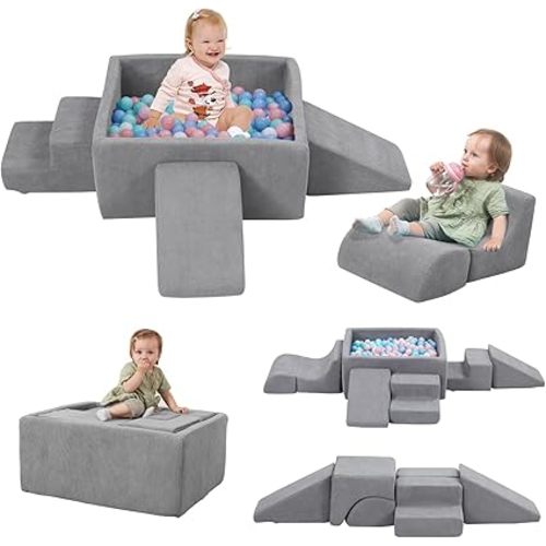 Baby Climbing Blocks with Ball Pit,6PCS Foam Climbing Toys for toddlers 1-3 Inside,Soft Crawl & Climb Activity Play Set Indoor,Modular Structure Washable Play Equipment,Gray(Balls Not Included)