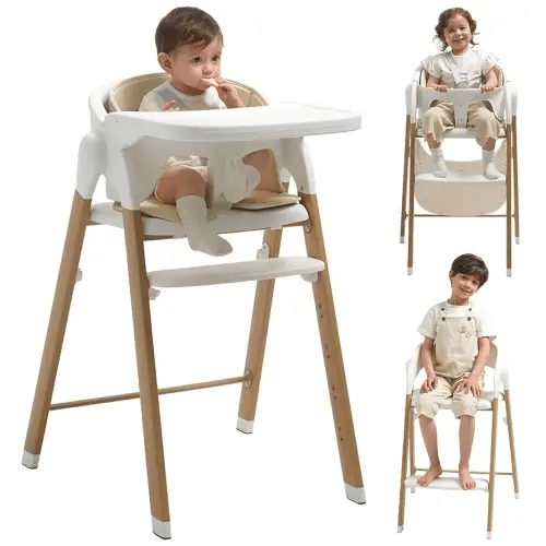 High Chair for Babies and Toddlers Adjustable Foldable Convertible 5 Point Harness Easy Clean Wood-Printed Metal with Removable Tray Baby Highchair for Family (White&Natural Wood-Printed Metal)