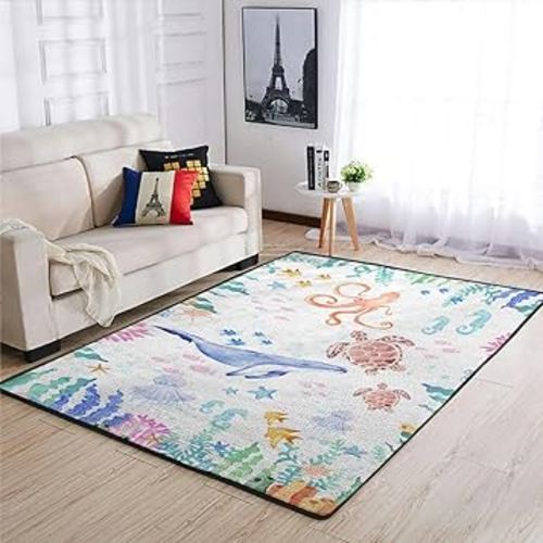 Colorful Sea World Throw Carpet Underwater Ocean Animals Whale Turtle Jellyfish Corals Sea Weeds Area Rugs Kids Toddler Nursery Bedroom Decor Floor Carpet for Living Room Bathroom Door Mat 48x72