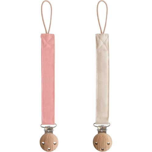 mushie Linen Baby Pacifier Clip Holder | Soft Fabric Strap, 2-Pack (Dusty Rose/Shifting Sand)